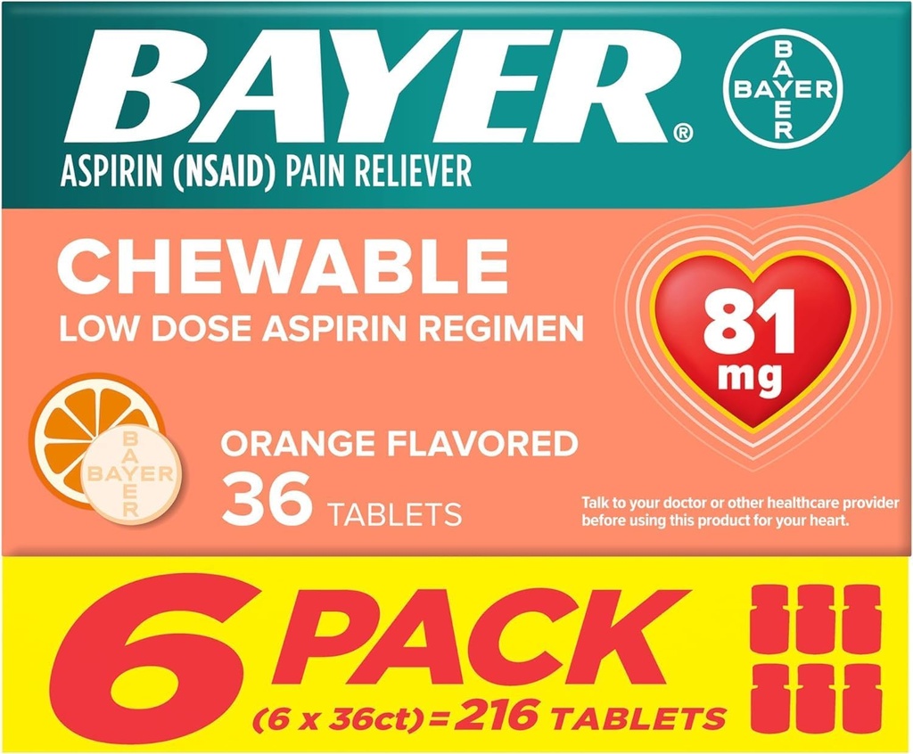 Bayer Aspirin Mažos dozės 81 mg kramtomosios tabletės Skausmas Nuovargis Oranžinės spalvos, 216 tablečių (6 pakuotės)