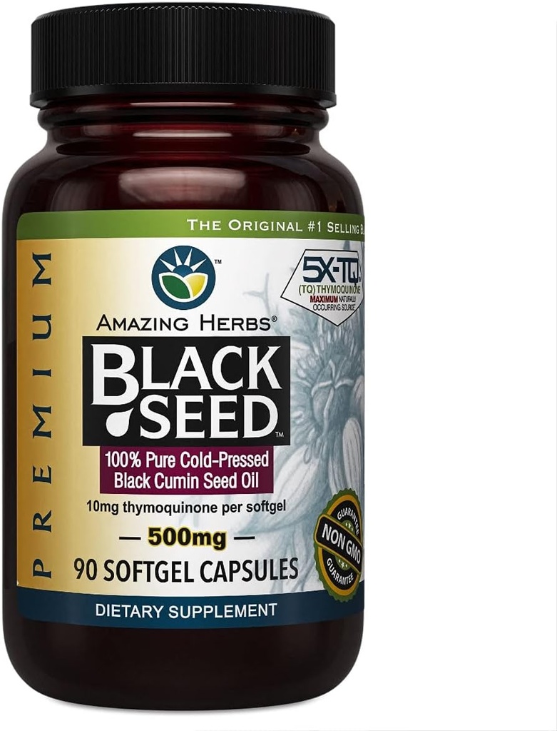 Nuostabi žolė "Premium Black Seed Oil Capsules" - Šaltas spaudžiamas Nigella Sativa Aids Digiminėje Sveikata, Imuninė parama, smegenų funkcija, Gluten Free, Ne GMO - 90 Count, 500mg