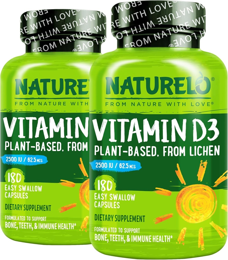 NATURELO Vitamin D - 2500 IU - Plant Based from Lichen - Natural D3 Supplement for Immune System, Bone Support, Joint Health - Vegan - Non-GMO - Gluten Free - 180 Capsules (Pack of 2)