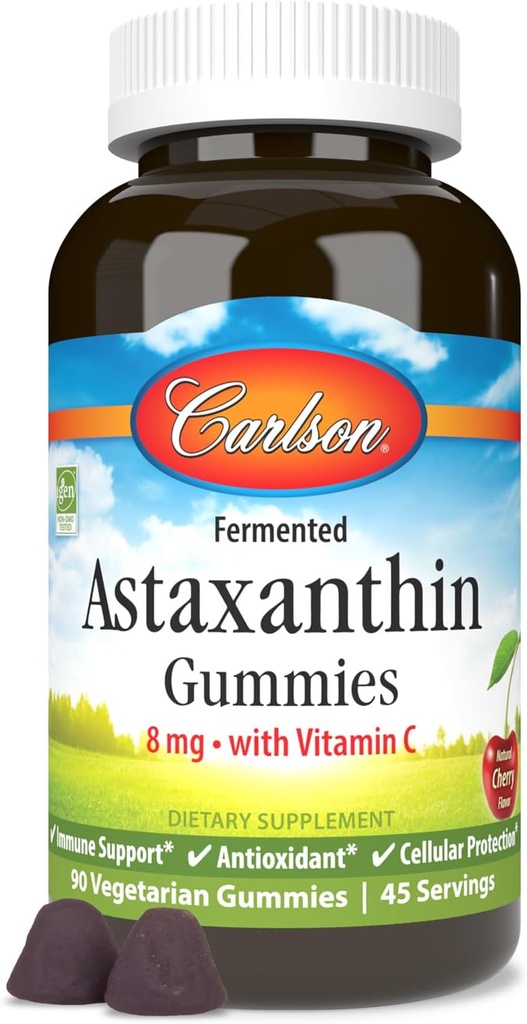Carlson - Astaxanthin Gummies, su vitaminu C, imuninė parama, antioksidantas, širdies sveikata, ne GMO, vyšnių skonio, 90 vegetarinių gummies