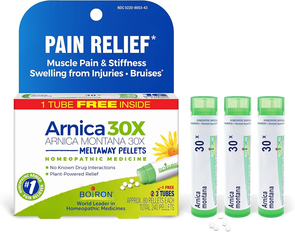 Boiron Arnica Montana 30X Homeopatinė Medicina nuo raumenų skausmo, raumenų sustingimas, Patinimas nuo sužalojimų, ir spalvos nuo mėlynių - 3 Skaičiavimas (240 Granulės)