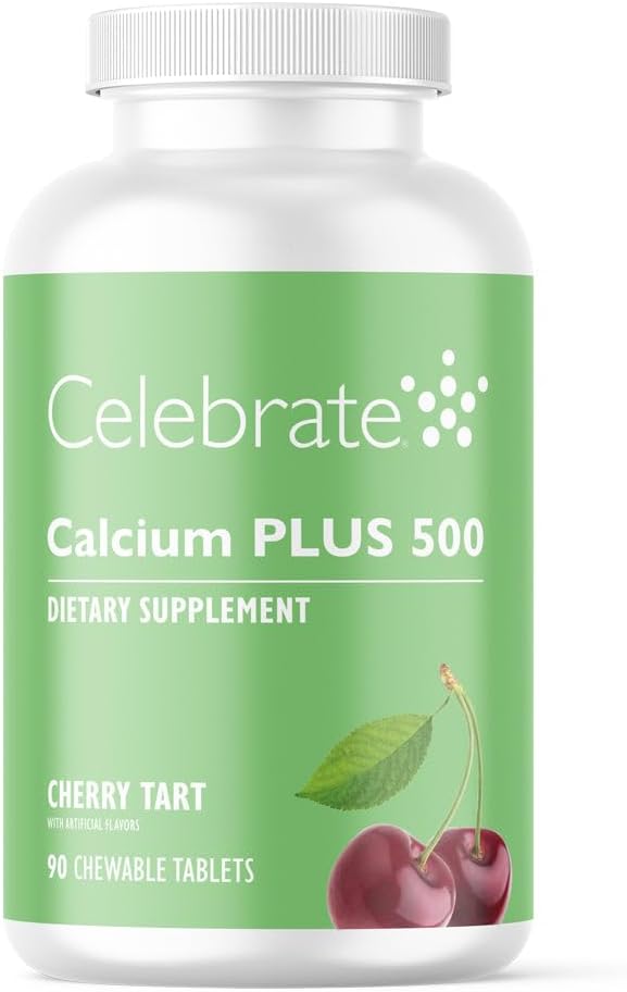 Celebrate Vitaminai Calcium Plus - 500mg Kalcio citratas, 333 TV Vitaminas D3 & 34mg Magnis po baariatric chirurgijos - Be baltymų ir be baltymų - Cherry, 90 kramtomų tablečių