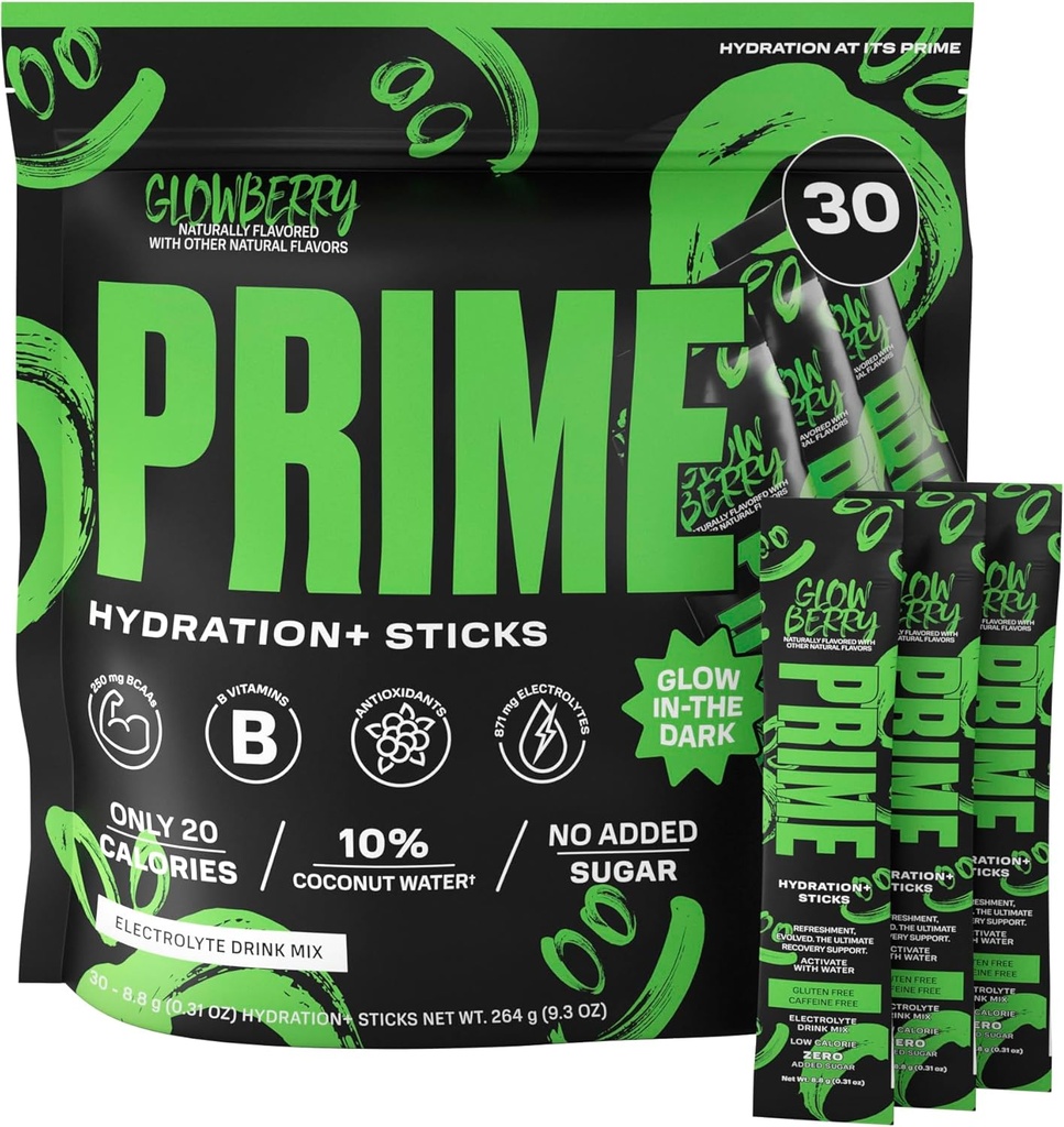 PRIME HIDRACIJA + Stumdukai GLOWBERRY ® 124; hidratacijos milteliai Vienkartiniai serve Lipdukai ® 124; Elektrolite milteliai On the Go ® 124; Mažas cukrus ® 124; nemokamai kosulys 124; Vegan ® 124; 30 Sticks
