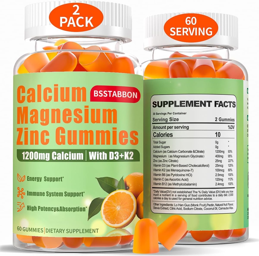 Kalcis Magnis Cinkas Gummies suaugusiems: 1200mg Kalcio citratas 400mg Magnio glicinatas su D3 B12 - Cukrus Free High Absorbtion Priedas moterims vyrams (60 skaičius (pakuotė 2))