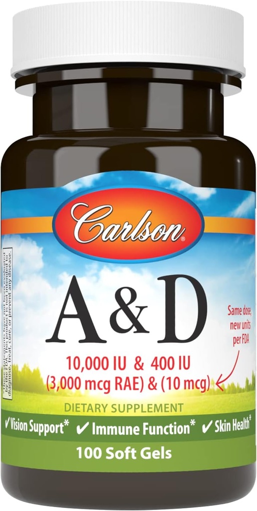 Carlson - A & D, 10000 TV (3000 µg RAE) Vitaminas A, 400 TV (10 µg) Vitaminas D3, regos palaikymas, odos sveikata, 100 minkštų gelių