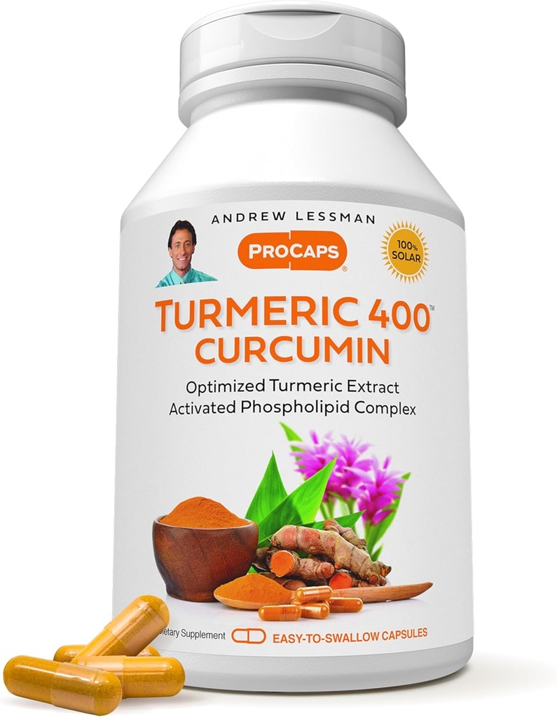 ANDREW LESSMAN Turmeric 400mg - 120 Kapsules - 95% Curcuminoides kaip fosfolipidų kompleksas optimaliam pranašumui ir absorbcijai, didelio stiprumo standartinis ekstraktas, Mažas lengvai nuryti kapsulės