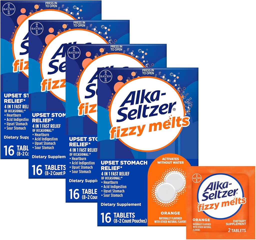 Alka- Seltzer Fizzy Lydalo, Ištirpinti ant liežuvio, No Water Nutrition, On-The- Go dieta papildas Antacidinis tabletės, parama kartais širdies nudegimų ir rūgščių nevirškinimas *, Orange Schior, 64 Count