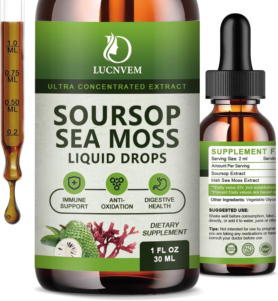 (2 pack) Organic Soursop Graviola with Sea Moss Liquid Drops, Soursop Bitters Liquid Rich in Multivitamine for Natural Antioksidant, Immunal Boost, Cell Support & Regeneracijos, Pineapple Schilor