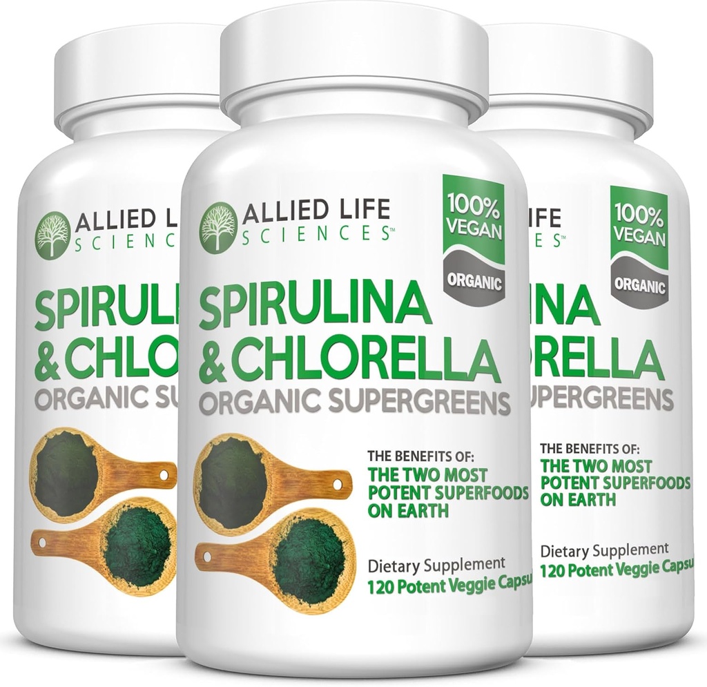 Allied Life Spirulina and Chlorella Ş124; Organic Chlorofill Vegan proteino milteliai Žalieji maisto kapsulės124; Natūrali imuninė parama (3 butelių pakuotė)
