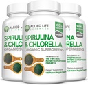 Allied Life Spirulina and Chlorella Ş124; Organic Chlorofill Vegan proteino milteliai Žalieji maisto kapsulės124; Natūrali imuninė parama (3 butelių pakuotė)