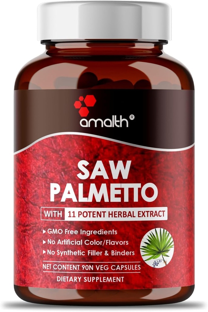 AMALTH Premium Saw Palmetto Capsule- Papildomas stiprumas suformuluotas su Ashwagandha, Tribulus, imbieras, Maca, Šventasis bazilikas ir daugiau gamtos provalstybės parama, 90 Kapsulė