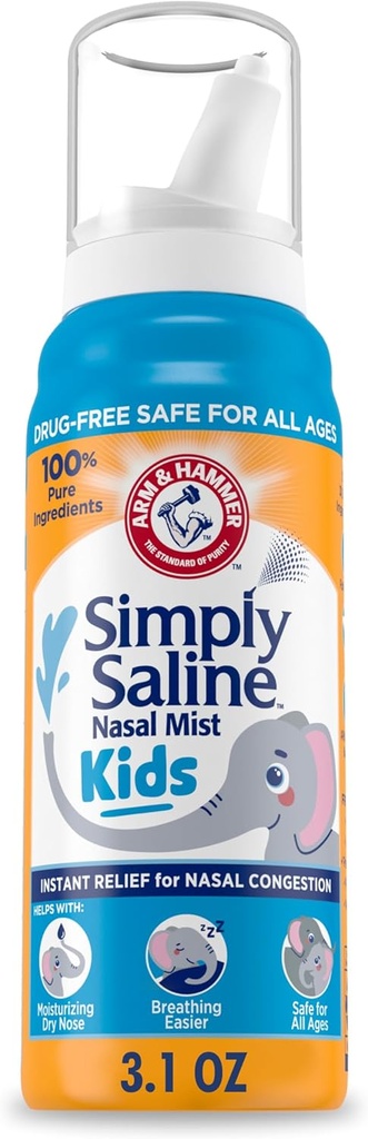 ARM & HAMMER Tiesiog Saline Kids Nasal Mist, Saline Spray for Gentle Nasal Congestion Relief, 3.1 Oz