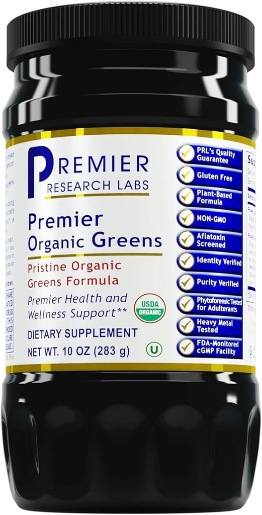 Premier Research Labs Premier Organic Green - Super Green Pramogos Milteliai, Žalieji maisto produktai Milteliai gėrimams, žaliosios sultys, mitybos parama, Supergreens vyrams ir moterims, špinatai, Alfonai, Chlorella - 10 oz