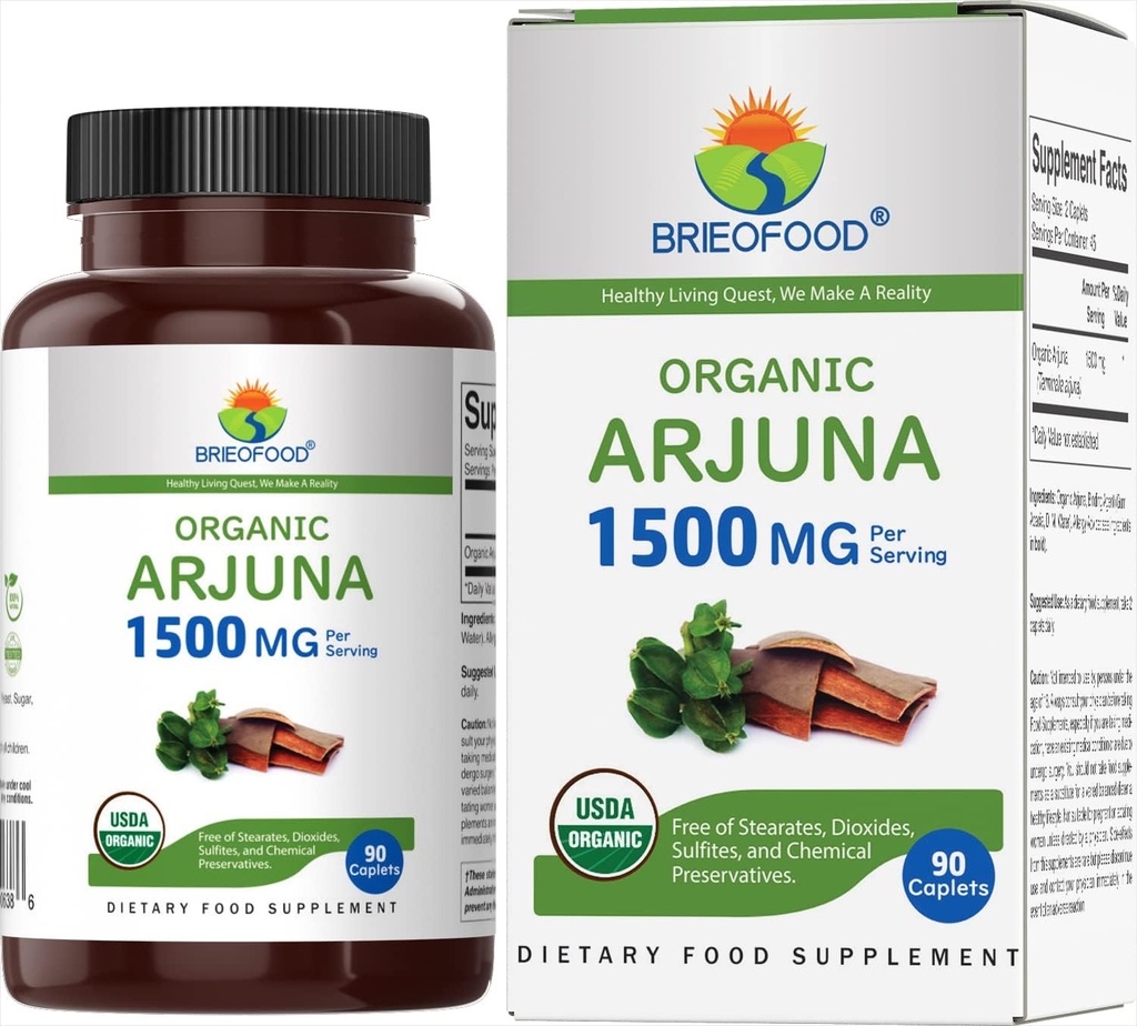 Brieofood Organic Arjuna 1500mg, 45 Paslaugos, Vegetarian, Gluten Free, 90 Vegetarian Tablet
