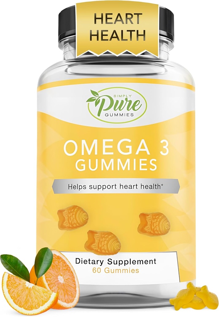 Pure by Nature Omega 3 Gummies for Suaugusiesiems ir vaikams, Omega 3 Riebalų rūgščių papildai su Omega 3 6 9 Cirkuliacinės paramos, No Fish Oil Orange Schior Omega Gummies, 60 dienų tiekimo (60 Count)