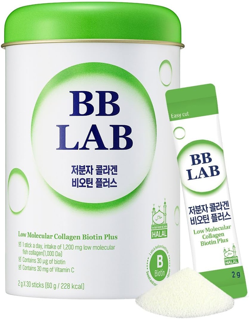 BB LAB Low Molecular Collagen Biotin Plus, Halal Collagen, Miltelių papildas, Korėjos jūrų kolagenas, Žuvis kolagenas Peptides, Biotinas, Vitaminas C, Greita absorbcija, Shine Muscat Schior