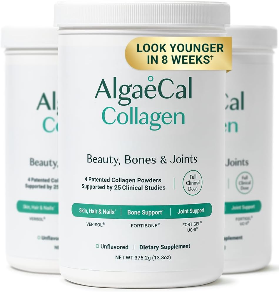 ALGAECAL Collagen - 4 Clinical- Supported Peptides VERISOL ®, FORTIGEL ®, UC- II ®, FORTIBONE ®, Anti- Aging hydrolyced Collagen Pows, 3 Packaging in USA