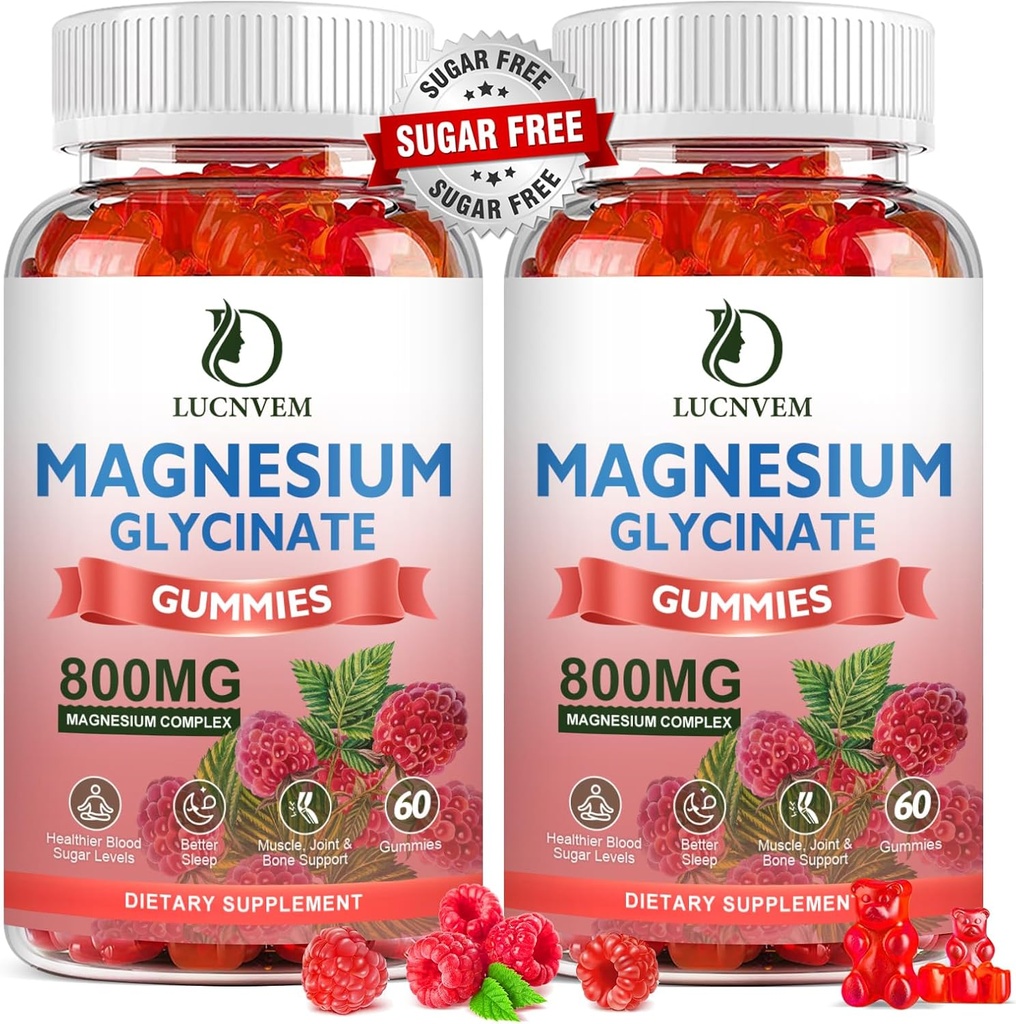 (2 Pack Sugar Free Magnis Glycinate Gummies, 500 mg Magnio glicinatas su 200mg magnio malato, Tauratas, Oksidas, COQ10, Vitaminas B6 ir D3, Miego & Calm Support, 120 Aviečių Gummies