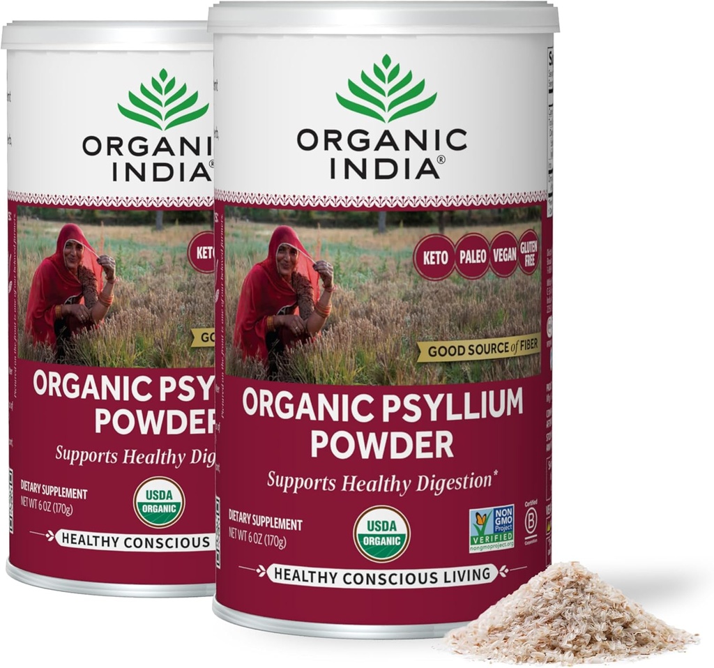 Organic INDIA Psyllium Psoll Organic - Fine Grain Psyllium Addition, Digestion Support, Vegan, Free Gluten- Free, Non- GMO, Source of Fiber - 6 oz (Pack of 2)