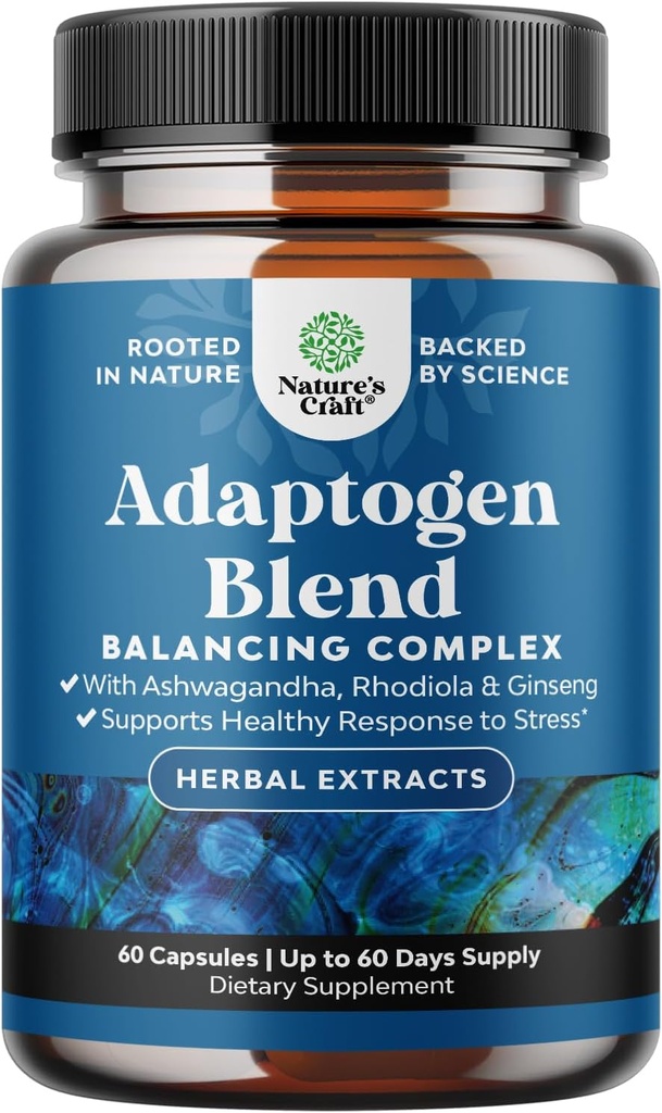 Herbal Adaptogen Mood Support Supplement - Calming Adaptogens Supplement for Stress & Cortisol Management with Ashwagandha Rhodiola Rosea & Maca Root - Vegan Non GMO & Daytime Friendly - 60ct
