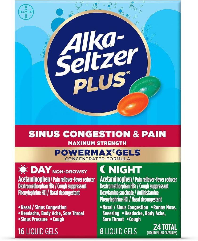 Alka- Seltzer Plus Maksimalus stiprumas PowerMax Sinus Spūstys & Skausmas Medicina, Diena + Naktiniai skysti geliai - Galingas palengvėjimas šaltas ir Flu, + Sinus Spūstys suaugusiems ir vaikams 12 + Metai, 24 Skaičiavimas