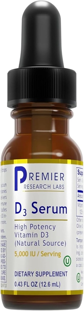 Premier Research Labs Vitaminas D3 Serum - Skystas vitamino D aliejus lašai suaugusiems, skystas vitaminas D3 5000 TV, Poliežuvinis Vit D3 Skystas - 0,43 fl oz