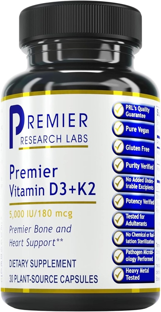 Premier Research Labs: Vitaminas D3 + K2 papildai - Kaulų Palaikymas ir stimuliuoja širdies sveikatą, Gluten- 5000 TV Vegan papildai - Teed Quality ® 124; 30 Plant- Šaltinis pagrįstas kapsulės