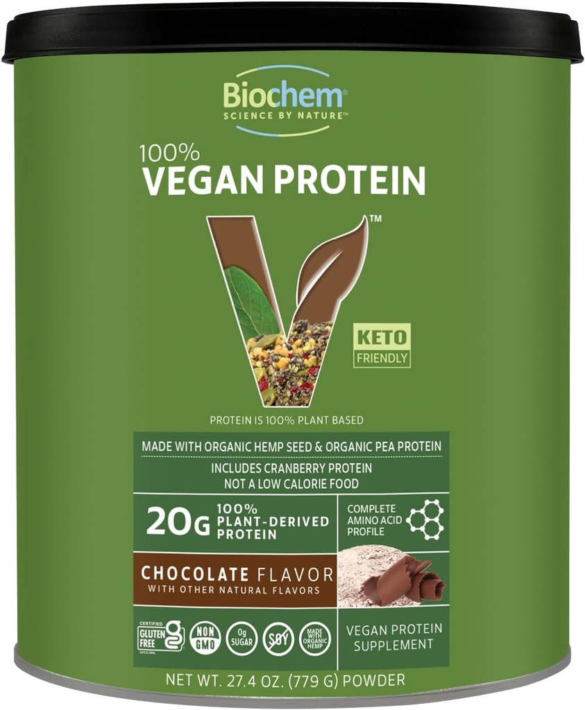 Biochem 100% Vegan proteinas, Natūralios amino rūgštys, Gluten Free, Keto, Ne išrūgų, Pea & Hemp baltymų milteliai moterims ir vyrams, 24 Servings 2 LB (Šokoladas)