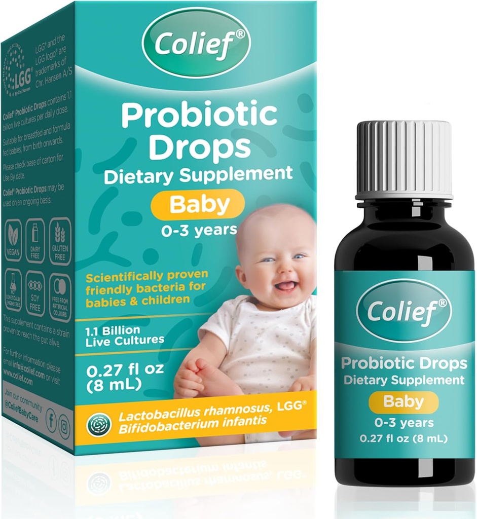 Colief Probiotic lašai Kūdikių 124; 1.1 Billion Live Cultures ® 124; Lactobacillus Rhamnosus & Bifidobacterium Infantis ® 124; Tinka nuo gimimo Bendrijoje 124; Moksliniu požiūriu Proven Friendly Bakteria ® 124; 0,27 Fl Oz