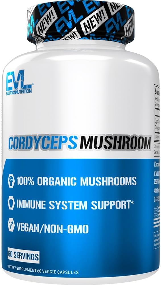 Evlution Nutrition Cordyceps Mushroom - Immune System and Heart Health Support - 500mg Mushroom Supplement - 100% Organic, Vegan & Non-GMO - for Energy & Performance - 60 Servings