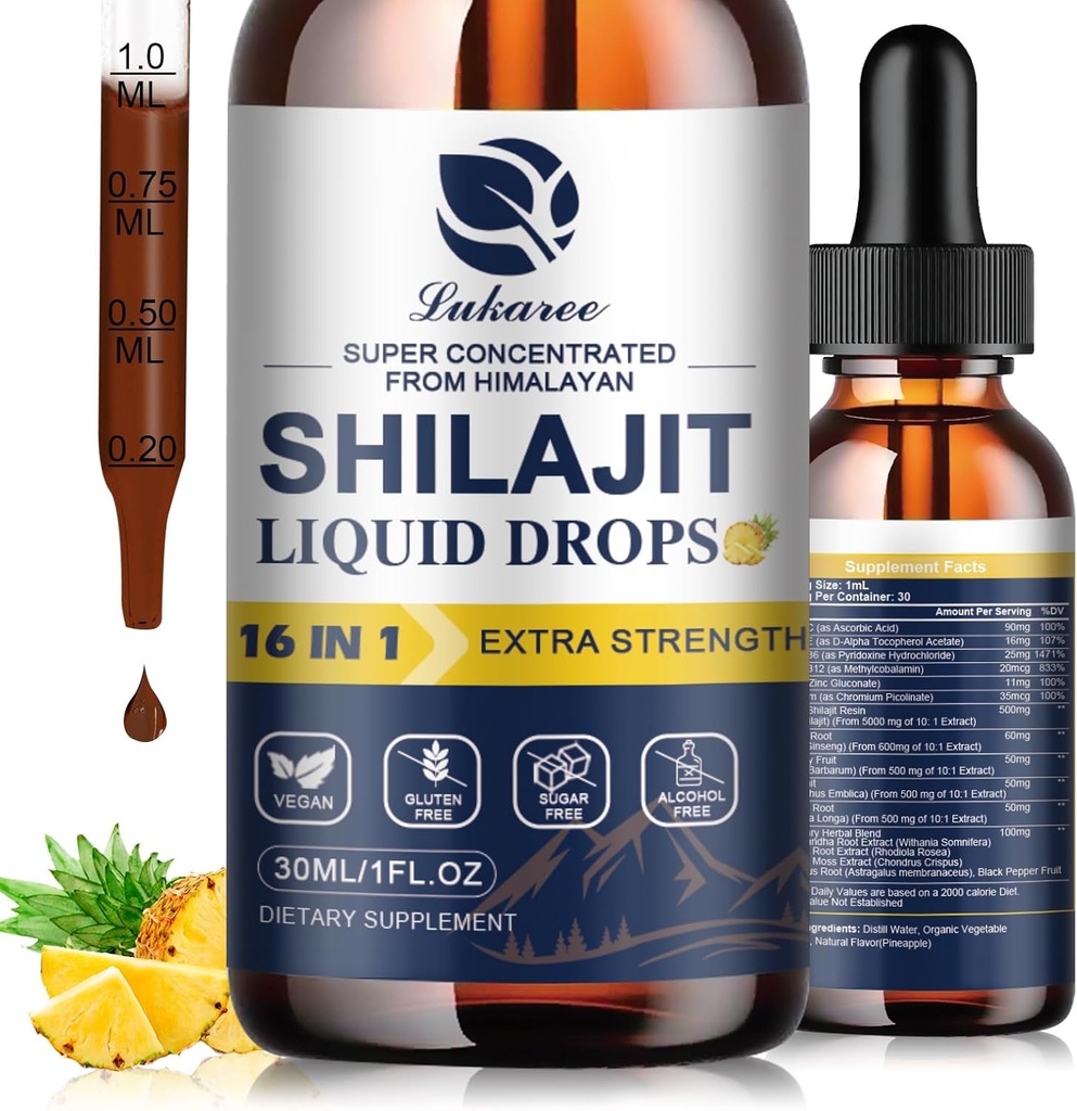 16 in 1 Shilajit Resin Liquid Drop, Shilajit W / Ginseng, Turmeric, Rhodiola, Wolfberry, Amla & Vitaminai, Shilajit Priedas vyrams ir moterims su 85 + Sekti mineralus ir Fulvic Acid, 1 Fl Oz