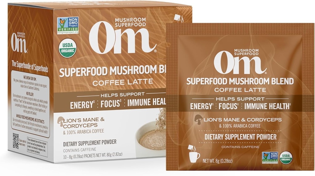 Om mušroom Superfood Coffee Latte Blend Mushroom Mills, Single Serve, 10 Count, Lion 's Mane, Cordyceps, Reishi, Chaga, Energy & Mental Agrity Support Advison