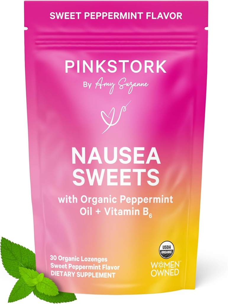 Rausvos Stork Organic Pipirmėčių Saldainiai ryte Liga ir judesio ligos parama, Pridėta vitamino B6, 1 Tripesteris nėštumo turi Haves - 30 Wrapped Pipirmėčių saldainiai