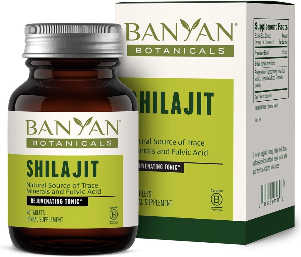 Banyan Botanicals Shilajit - Organic and Sustainable Mineral Pitch - Mineral- Rich Shilajit Addition for Natural Detoksikation and Excellence Aging * - 90 Tablets - NeGMO Proporcingai Sourced Vegan