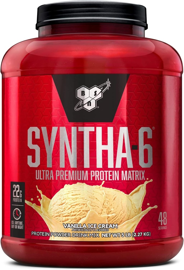 BSN SYNTHA- 6 Išrūgų baltymų milteliai, Micellar Casein, Pieno baltymų izoliatų milteliai, Vanilla Ice Cream, 5 Piunds, 48 Paslaugos (pakuotėje 1) - Pakuotės gegužės Vary