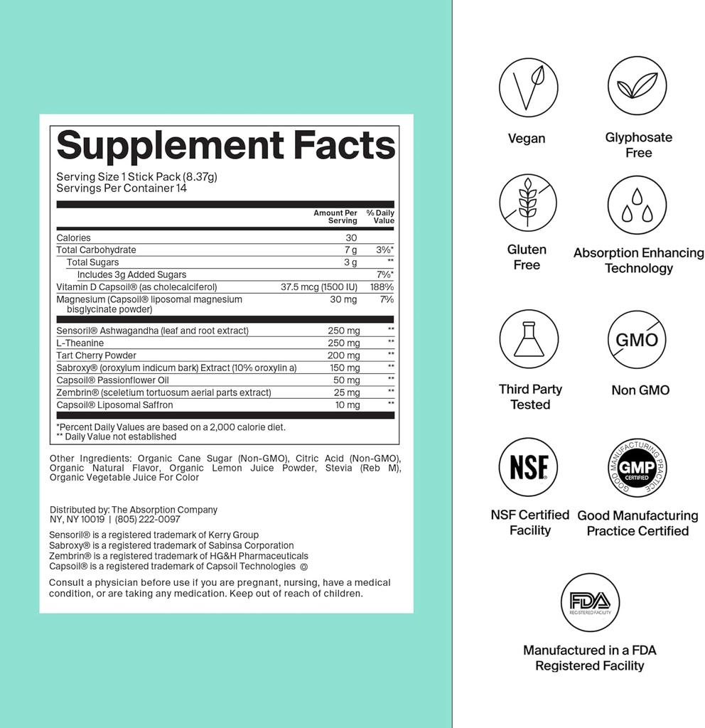 Calm Drinkl Mix - Relaxation Aid with Magnis, Ashwagandha, L- Theanine, & Vitaminas D - Palaiko Cortisol reglamentą ir Mood vyrams ir moterims - Watermelon Lemonade Sfeor 7 Sticks