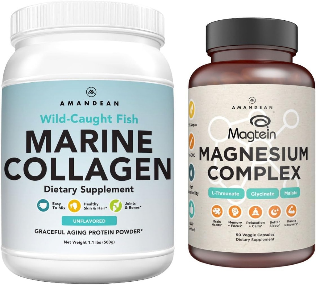 AMANDEAN Premium magnio kompleksas ir jūrų Collagen Bundle. Aukštos sugerties magnio treonatas, glicinatas ir malatas. Homogenizuotas žuvų kolageno baltymas. Palaiko kokybės miego, odos ir nuotaikos