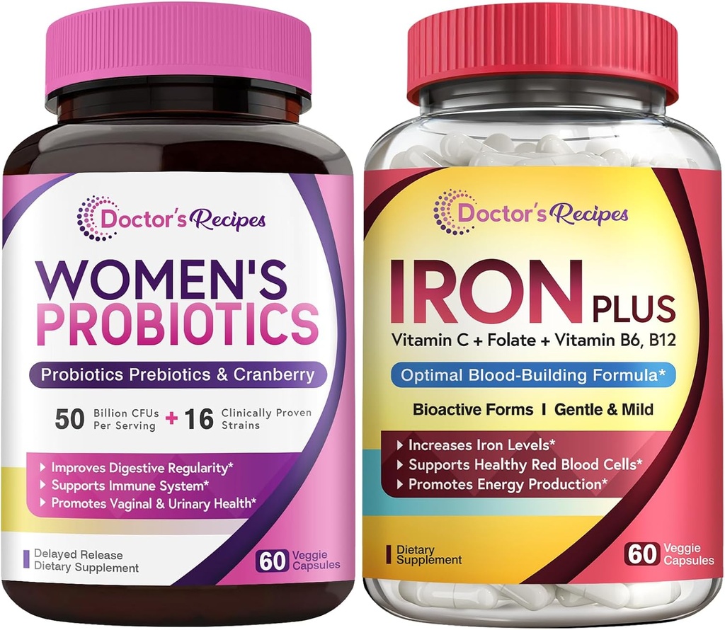 Doctor's Recipes Women's Probiotic & Iron Plus Bundle, Feminine Health & Blood Support, Probiotic Capsules 60ct & Iron Capsules 60 ct