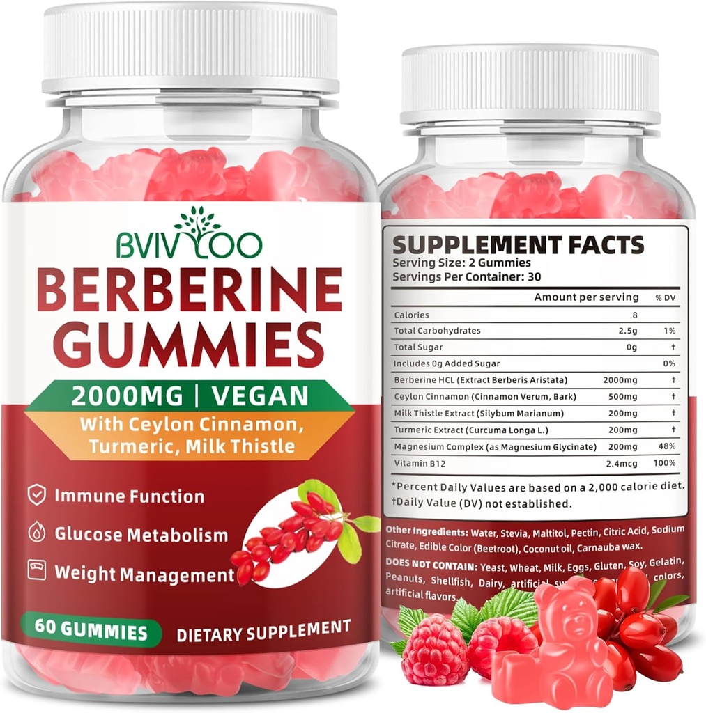 Premium Berberine Gummies, 2000mg High potency Berberine HCI Addition, Plus Ceilonas Cinnamon, Milk Thistle for Women & men, Immune System & Metabolization Support - 60 Gummies