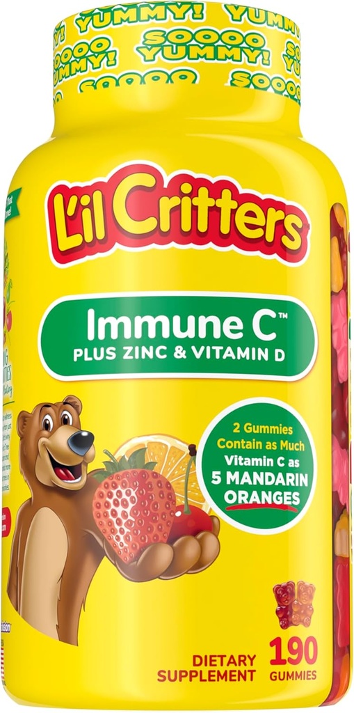 L'il Critters Kids Immune C Gummy Supplement with Vitamin C, Zinc and Vitamin D3 for Immune Support, 190 ct (95-190 day supply), 4 delicious flavors from America’s Number One Gummy Vitamin Brand
