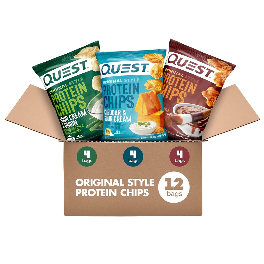 Quest Nutrition Proteiner Chips Variety Pack, BBQ, Cheddar & Sour Cream, Sour Cream & Sonion, High Protein, Low Carb, 1.1 oz (Pack of 12)