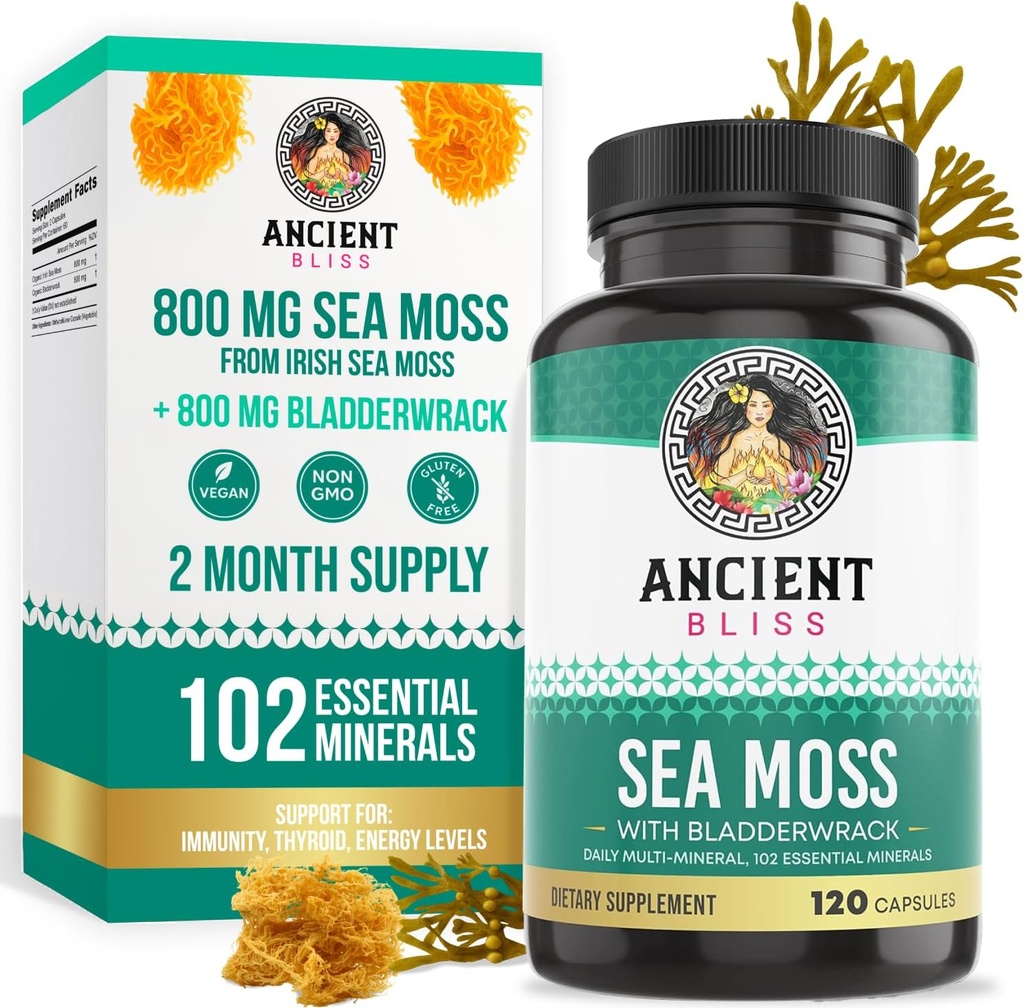Senovės Bliss Organic Irish Sea Moss Pills - Dr. Sebi Wildcrafted Seamoss Capsules ® 124; Skydliaukė, sveika oda & gut Support ® 124; 120 kapsulių