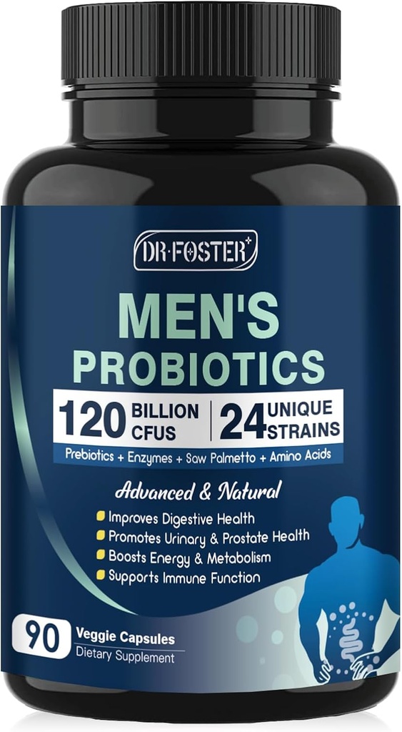 Probiotikai vyrams Digestic Health, 120 Billion CFUs Mens Probiotic with Digestive Enzymes & Prebiotics & Saw Palmetto & Cranberry for Gut, Prostate & Šlapimo Tract Health, Shall Stable, 90 kapsulių