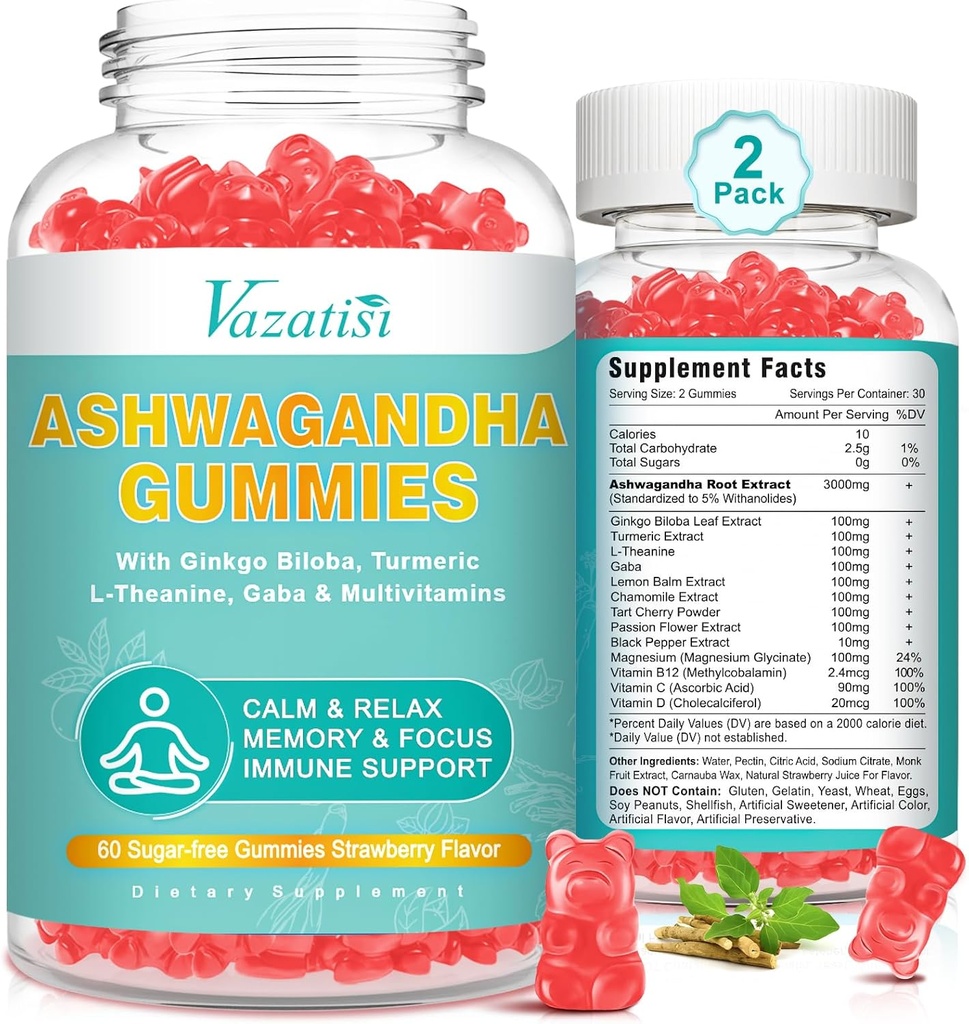 2 Pack Ashwagandha Gummies su Turmeric GABA Mood Energy and Immune Support, Braškių skonio 120 Cts