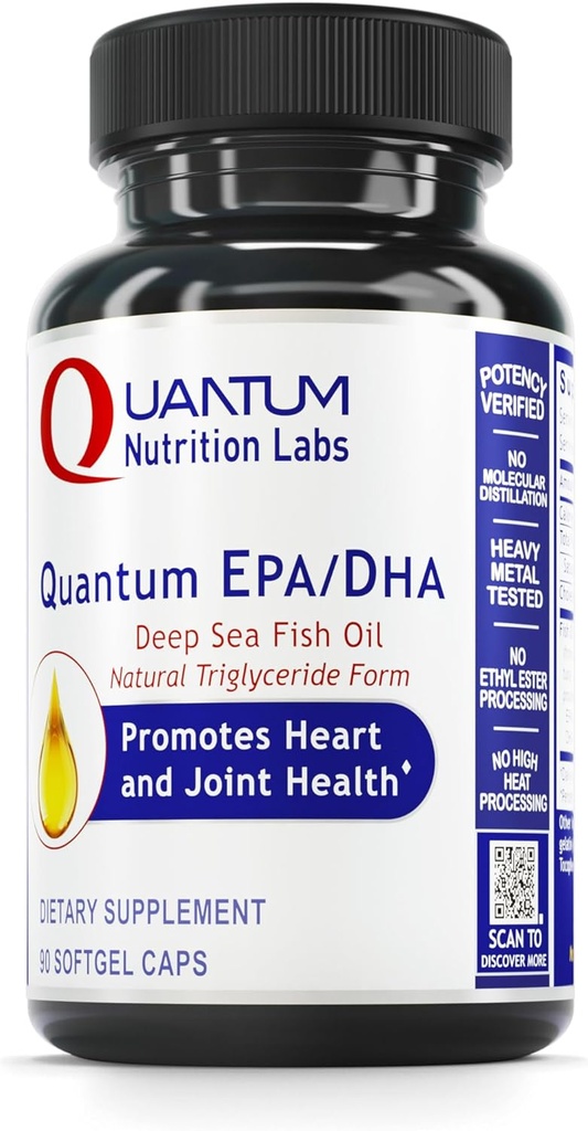 Quantum Nutrition Labs EPA DHA žuvų aliejus Softgels - Omega 3 žuvų aliejus, Omega 3 priedas, EPA DHA, Omega 3 riebalų rūgščių papildai moterims ir vyrams, Natural - 90 Softgel Capsules