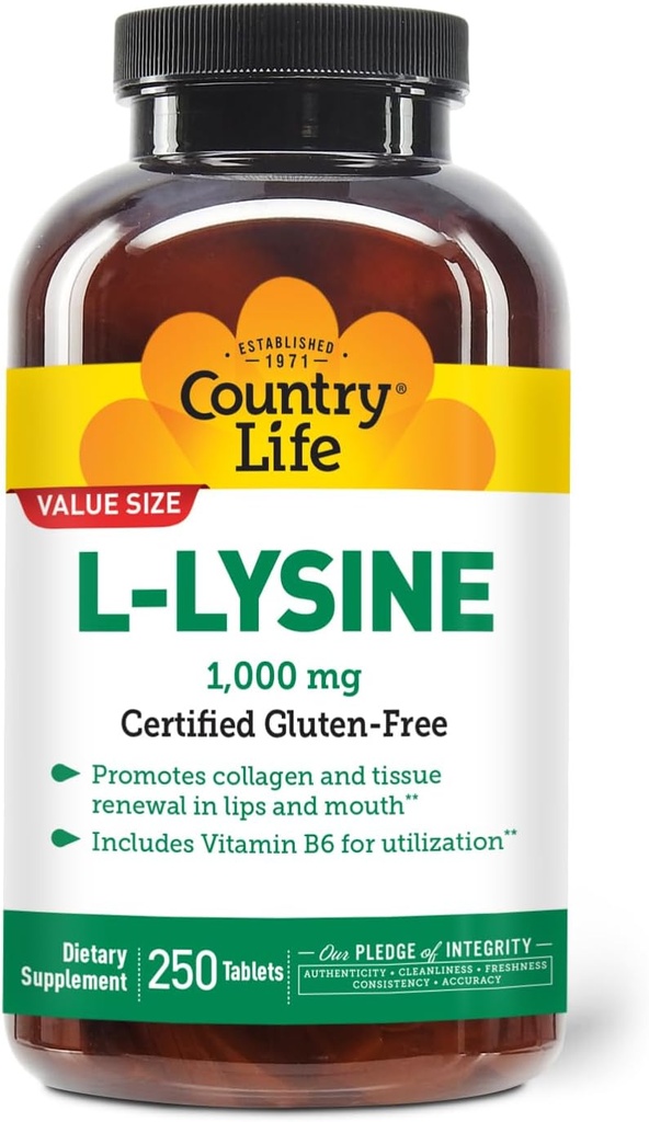 Country Life L- Lysine 1000mg su B- 6, Palaiko imuninę sveikatą, Skatina kolageno atsinaujinimą duobėse ir mouse, 250 - Count, Sertifikuotas Gluten Free, Sertifikuotas Veganas