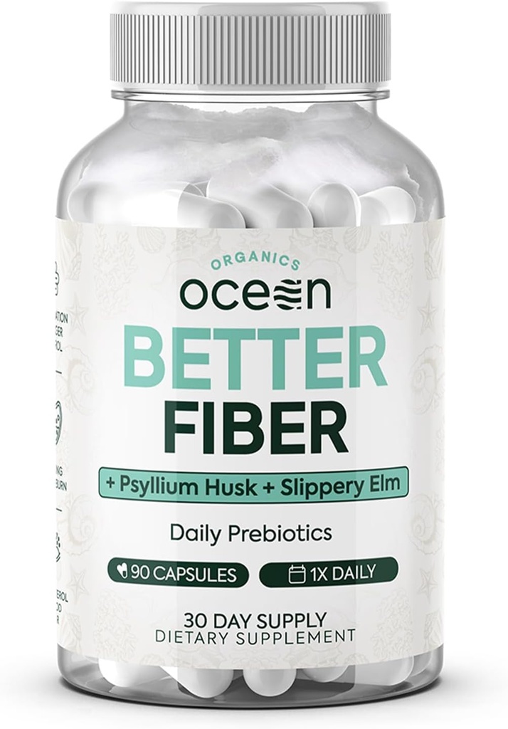 Organics Ocean Better Fiber - Daily Fiber Supplement - Soften Stool for Effortless Bowel Movements - with Psyllium Hulk and Slippery Elm - 90 Capsules