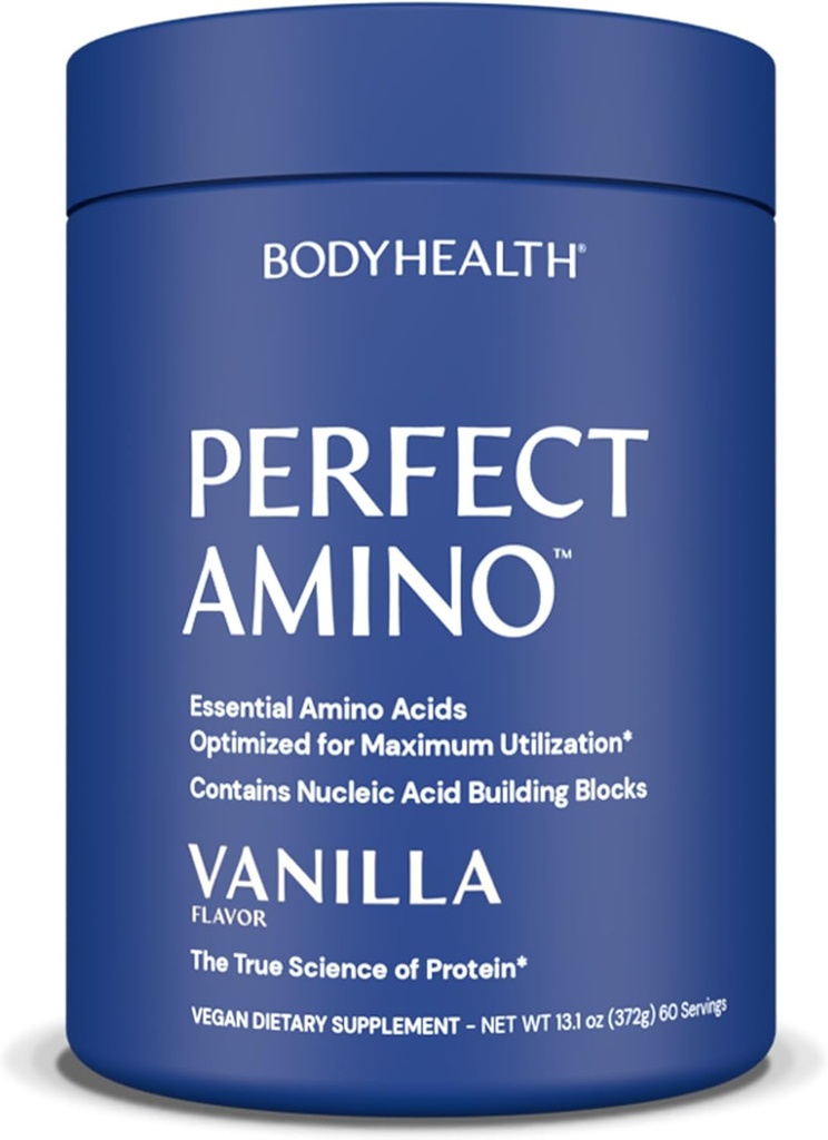 BodyHealth PerfectAmino milteliai - BCAA ir EAA milteliai prieš ir po treniruotės - Amino rūgštis energijos gerti vyrams ir moterims remti liesos raumenų ir atkūrimo - Vanilla - 60 Servings