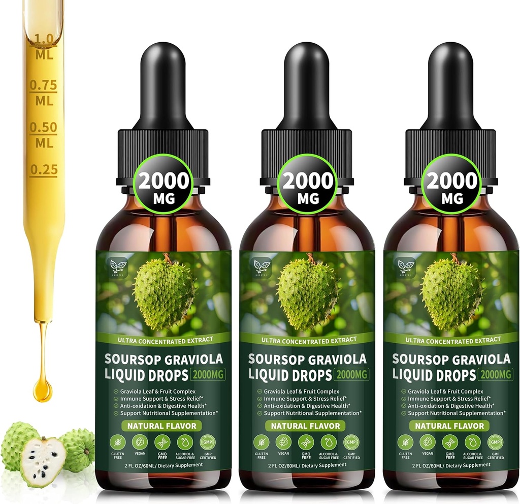 (3 pack) Soursop Graviola Liquid Drops 2000mg, 98% Absorbcija ląstelių palaikymas ir regeneracija, Imuninis Boost, Kepenys, Žolinis Godumas, Soursop Bitters Liquid- Sugar / Gluten Free, Natūralus skonis, 6 Fl Oz