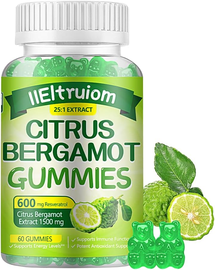 Citrus Bergamot 1500mg, Citrus Bergamot Gummies for sveiki cholesterolio, Bergamot papildai 25: 1 Ekstraktas iš Italijos Bergamot, Resveratrol & Niacinas - Natural Vegan 60 Gummies